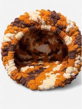 Pet Cave / Bed made of Chunky Orange, Brown, & Cream yarn – pets up to 15lbs!